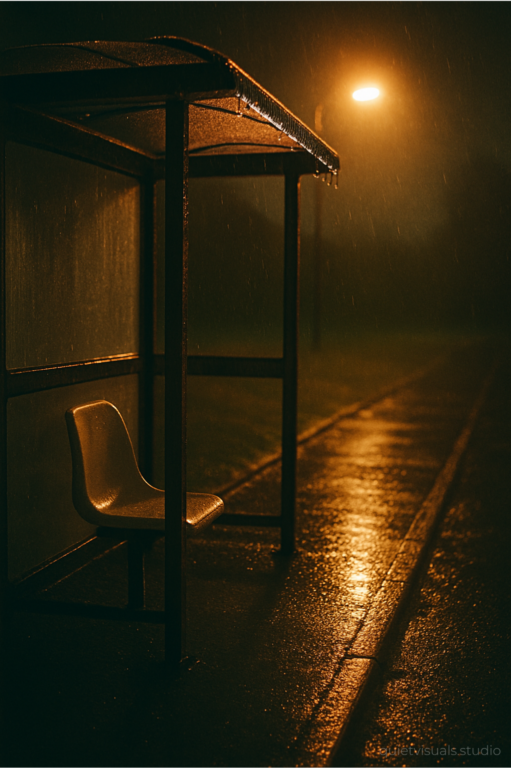 Leere Bushaltestelle bei Nacht im Regen