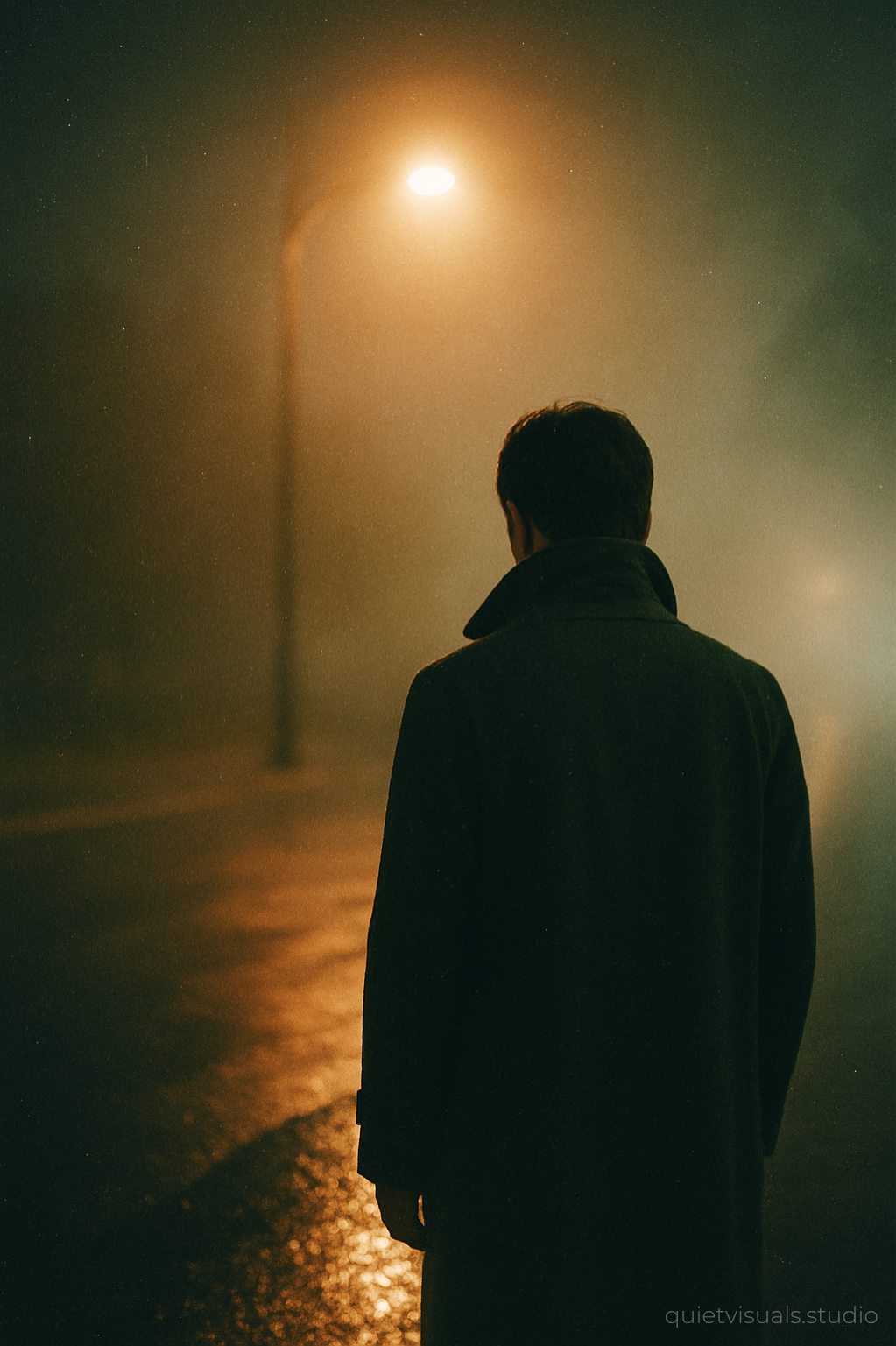 Männliche Silhouette unter Straßenlaterne im Nebel