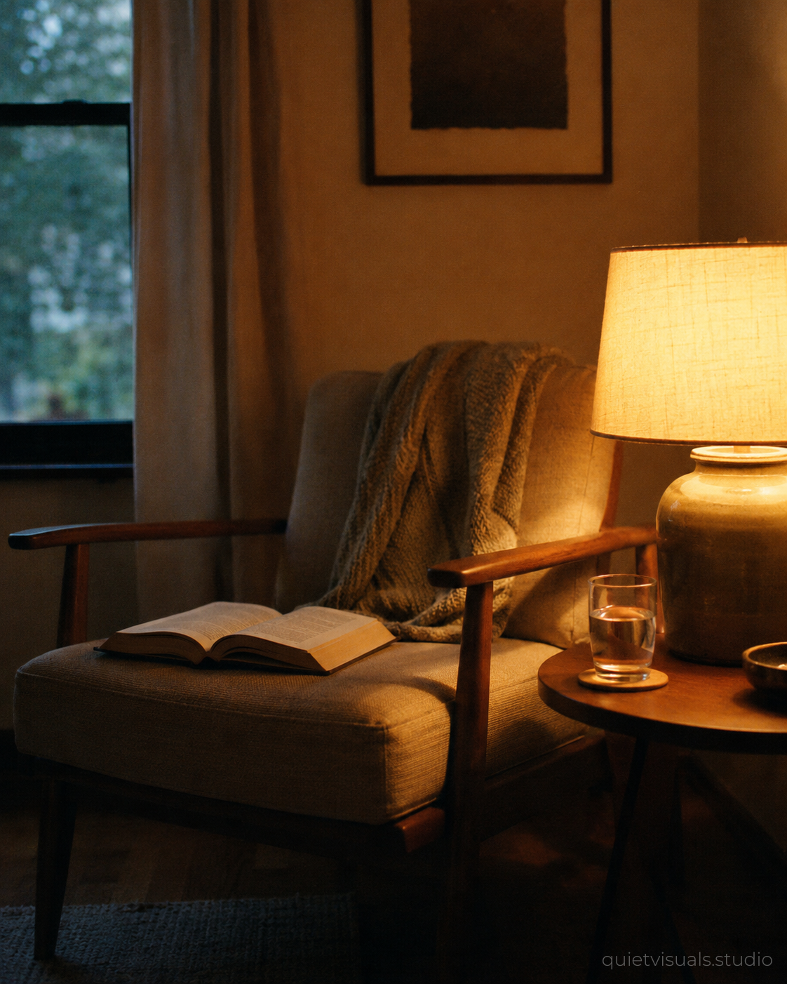 Sessel mit Buch im Lampenlicht