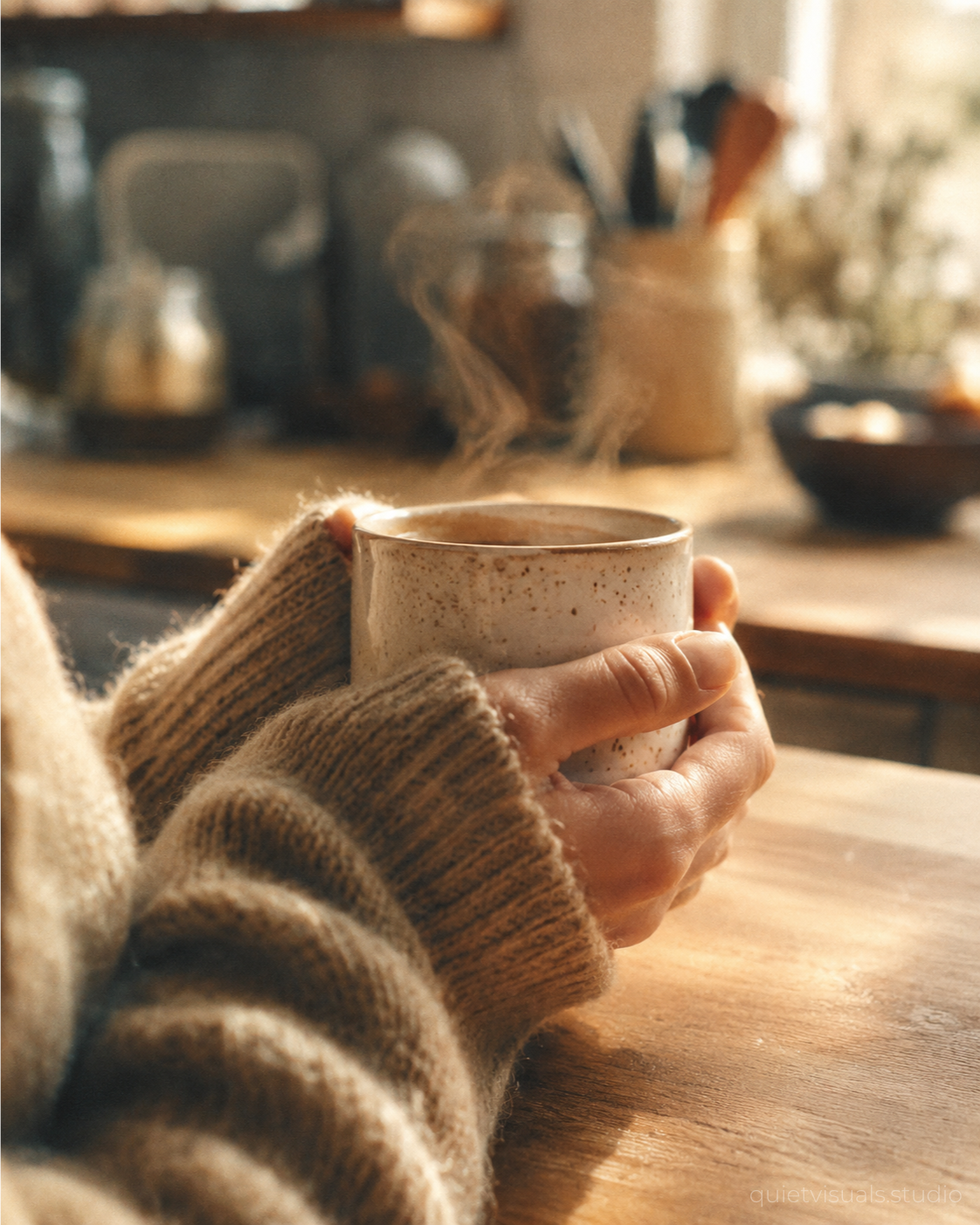 Hände halten dampfende Keramiktasse