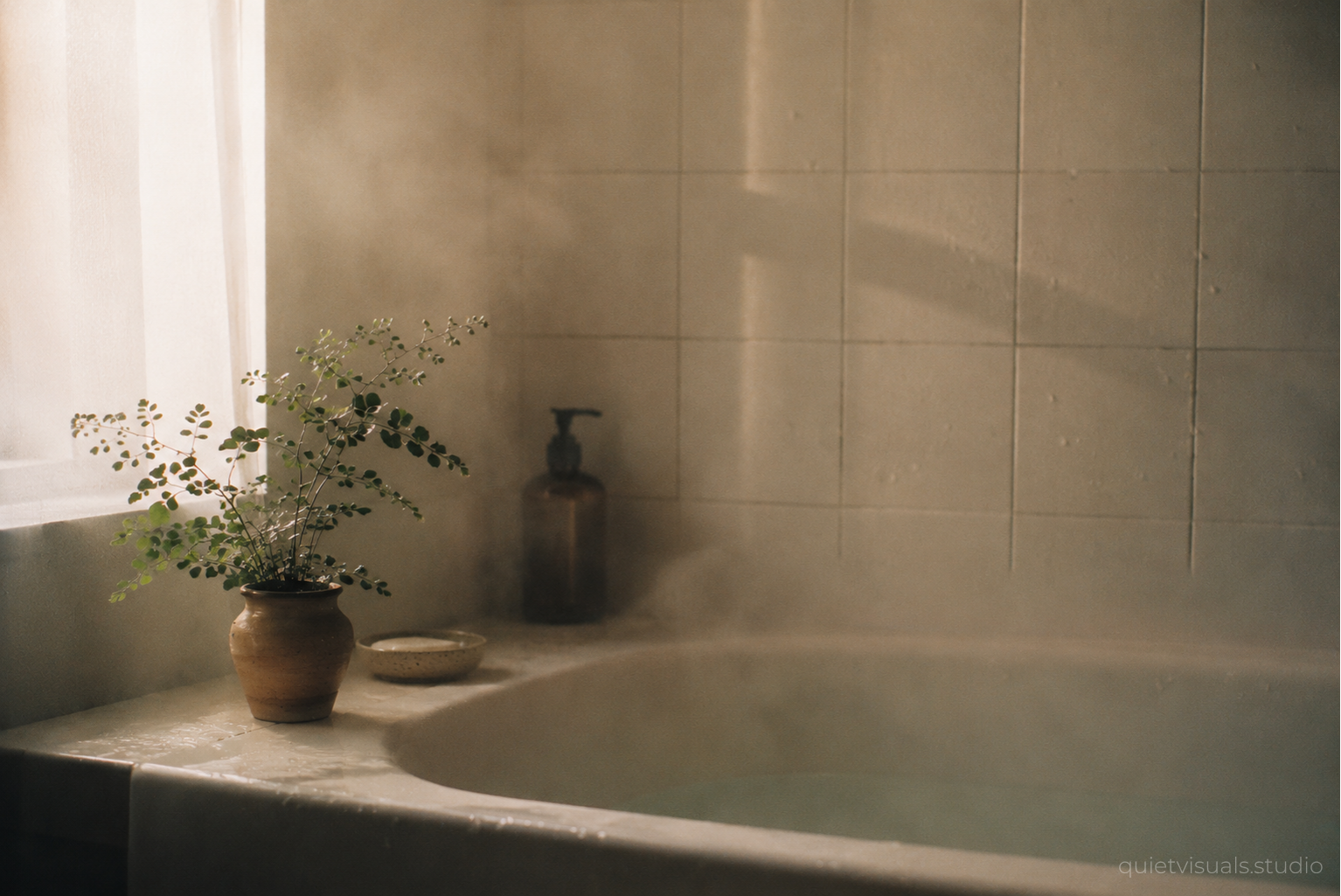 Pflanze und Dampf an der Badewanne