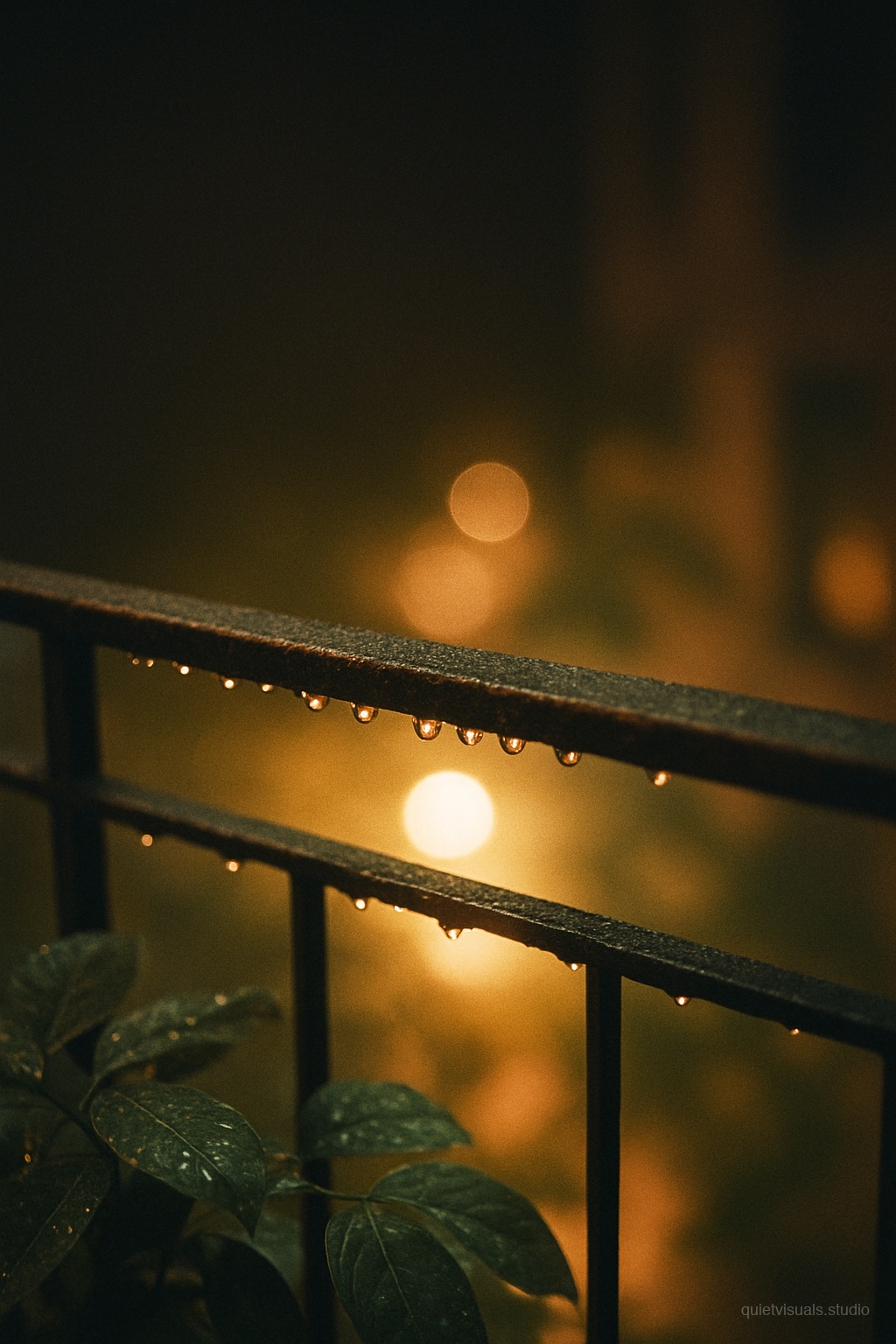 Regenperlen auf Geländer im Nachtlicht-Bokeh