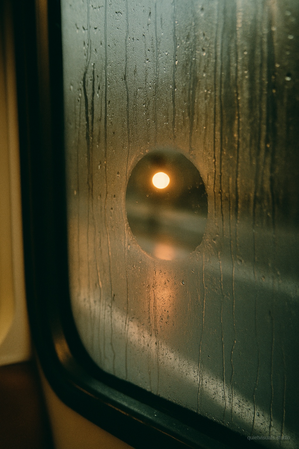 Beschlagenes Busfenster mit Laternenlicht