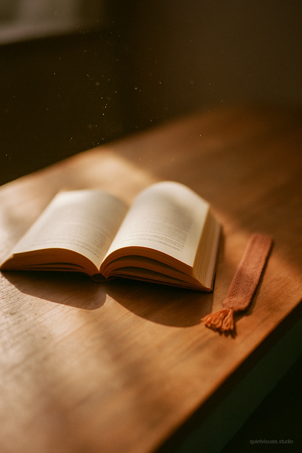 Aufgeschlagenes Buch mit Lesezeichen im warmen Sonnenlicht
